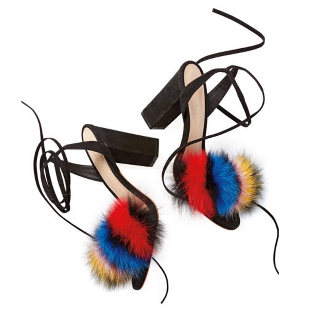 Loeffler Randall Black and Red Heels with Pom-Poms
